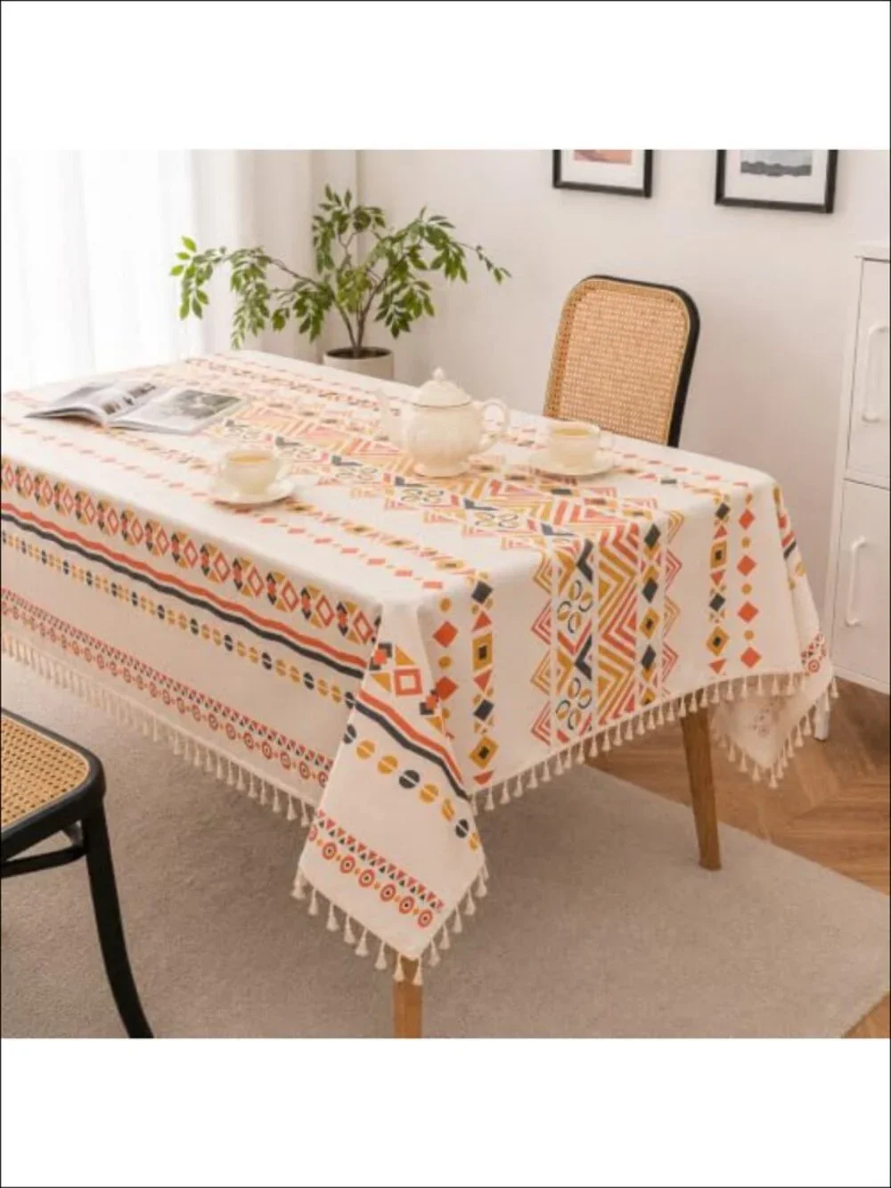 Boho Tablecloth Waterproof Rectangle Cover for 6-8 ft Tables Tassel Trim